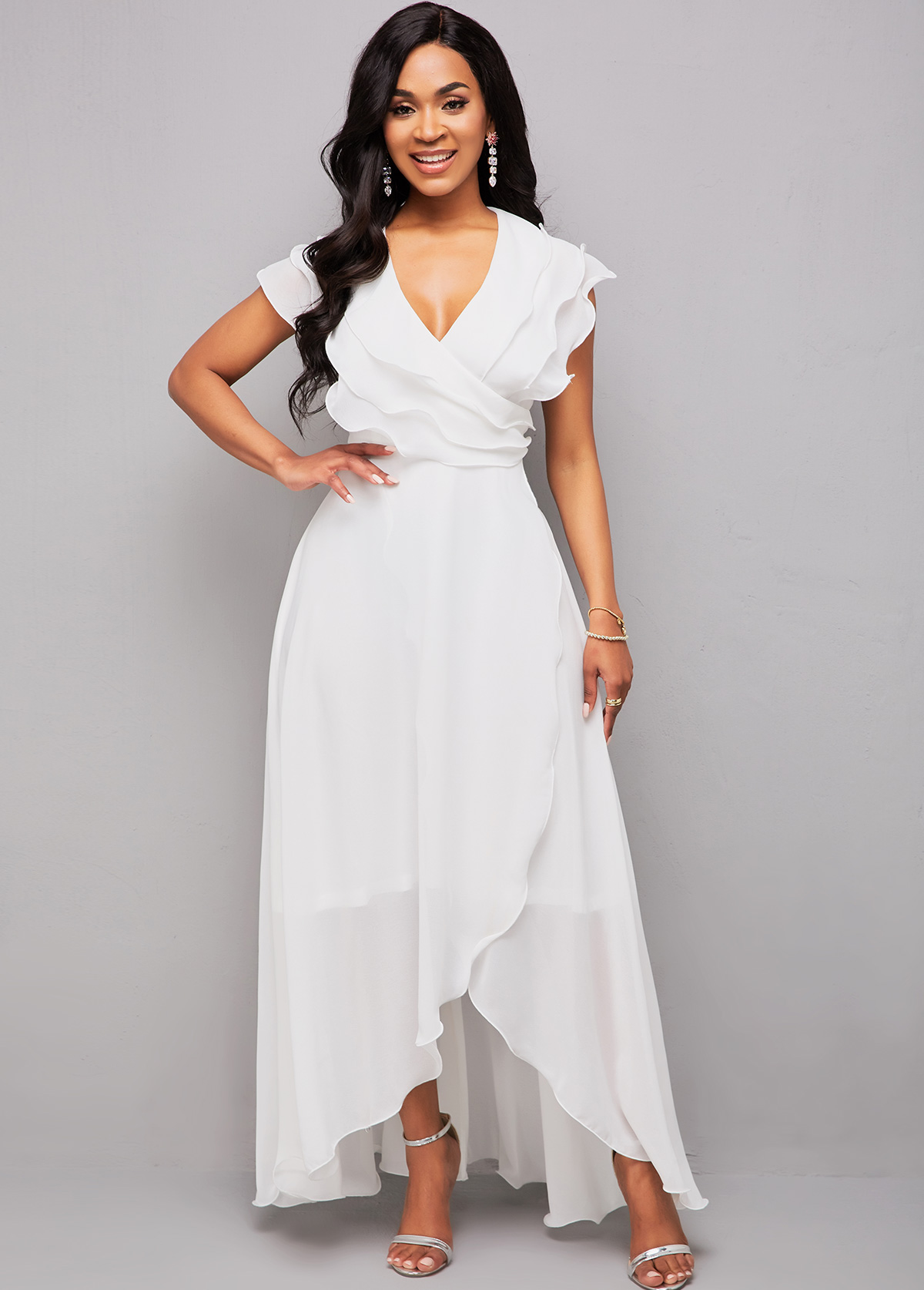 Flounce Asymmetric Hem V Neck Maxi Dress