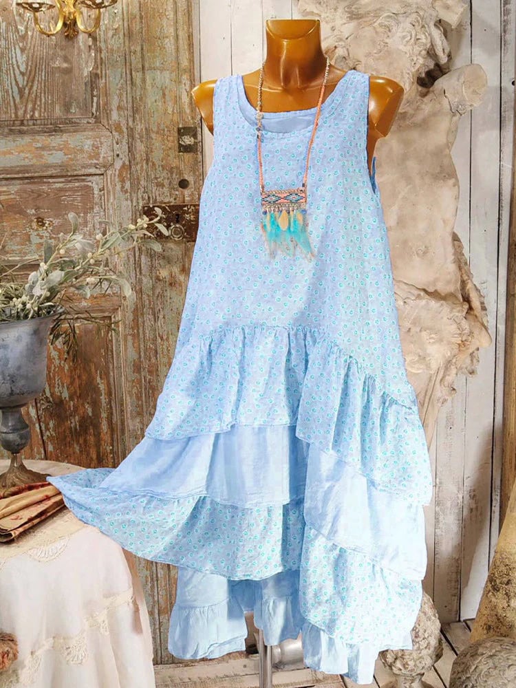 Women's Printed Sleeveless Maxi Hem Cotton Linen Dress