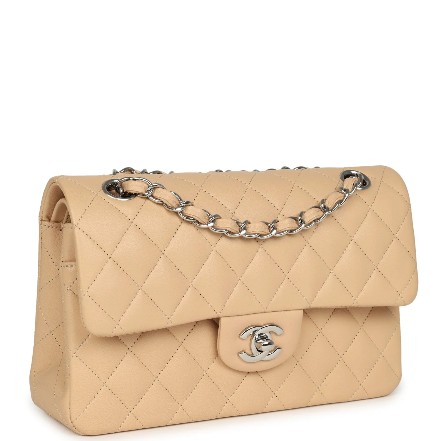 CHANEL Small Classic Double Flap Beige Lambskin Silver Hardware