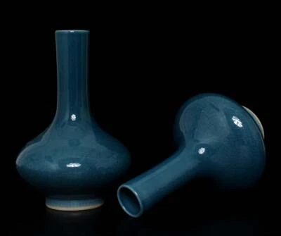 Tianqi Signed Pair Old Chinese Blue Glaze Ge Kiln Vase