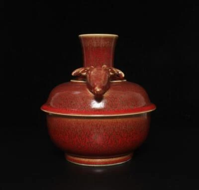 25CM Kangxi Singed Old Chinese Red Glaze Yaobian Glaze Porcelain Vase w/ deer