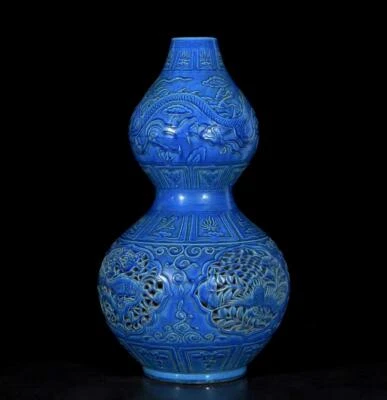 51CM Old Chinese Blue Glaze Vase W/phoenix N3738