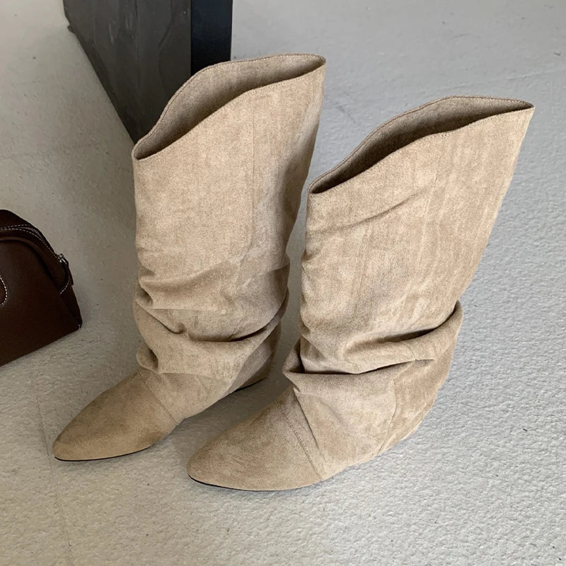 Flats Women High Boots Suede Pointed Toe Designer Shoes Winter Luxury Dress