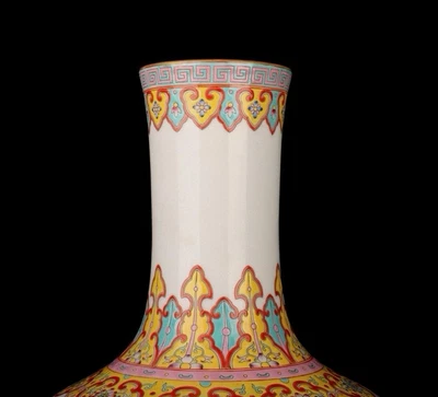 40CM Qianlong Signed Old Chinese Famille Rose Vase W/figure N1361