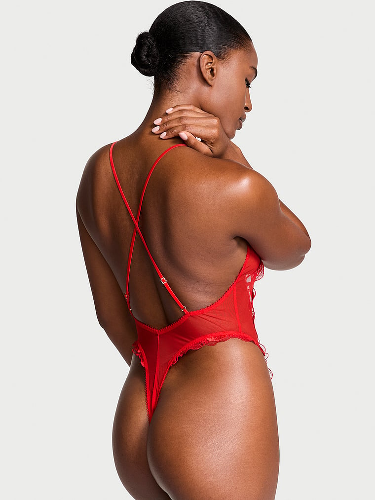 Very Sexy Tied-with-a-Bow Embroidery Plunge Teddy
