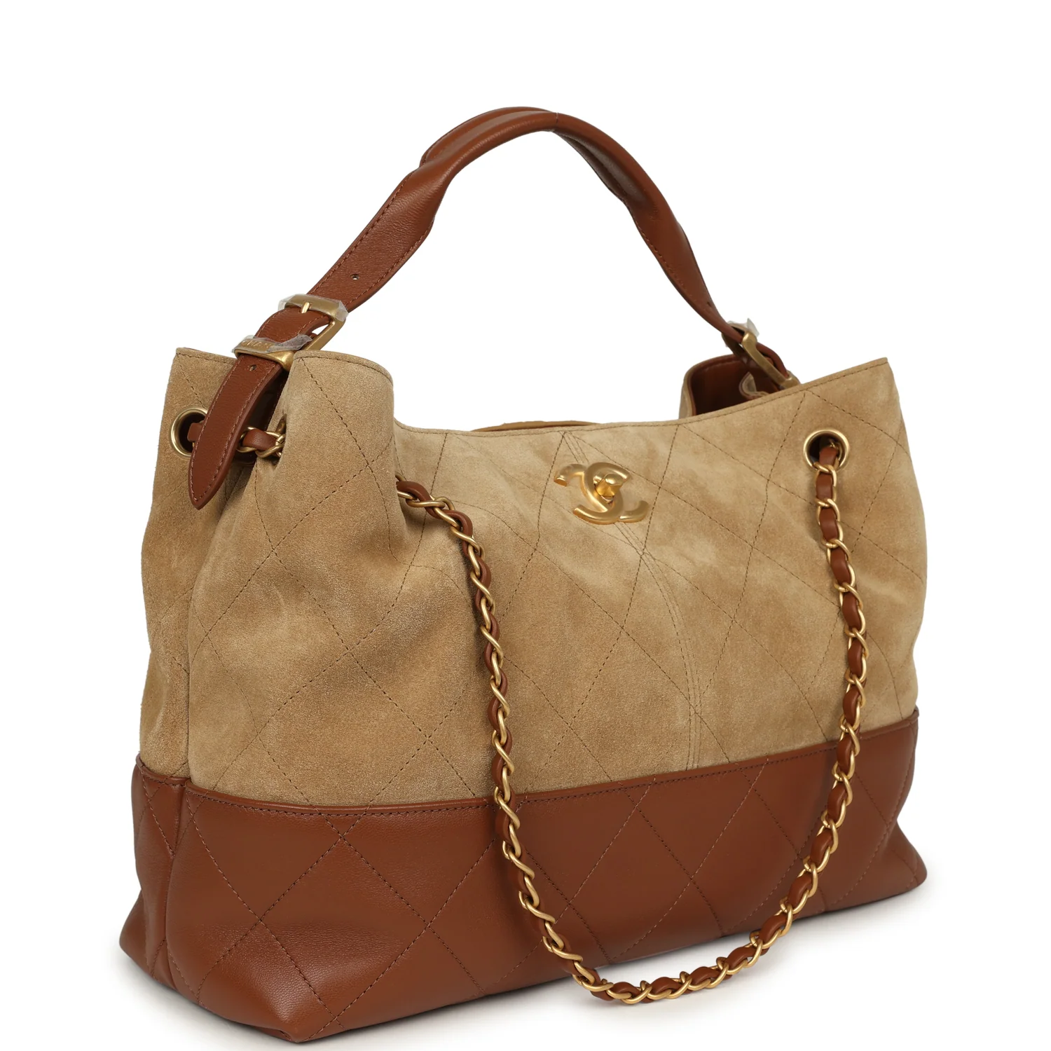 CHANEL Small Coco Base Hobo Bag Beige Suede, Camel Lambskin Brushed Gold Hardware