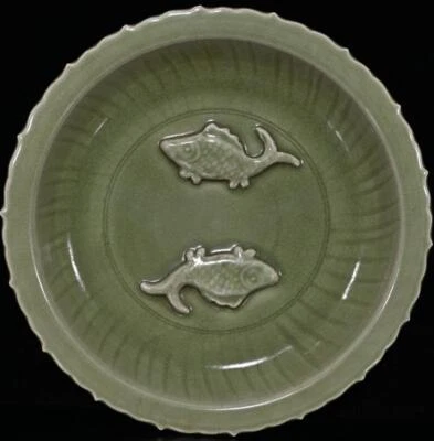 43CM Old Chinese Longquan Kiln Dish Plate W/fish N432