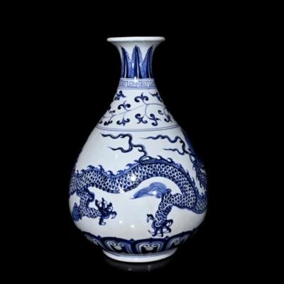 46CM Xuande Signed Old Chinese Blue and White Vase W/dragon N387