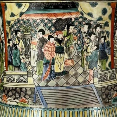 Kangxi Signed Old Chinese Wucai Brush Pot W/figure N1306