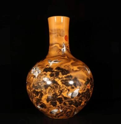 40CM Qianlong Signed Old Chinese Colour Enamel Vase W/crane N1514