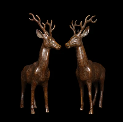 Pair Old Chinese Copper Statue w/deer N4138