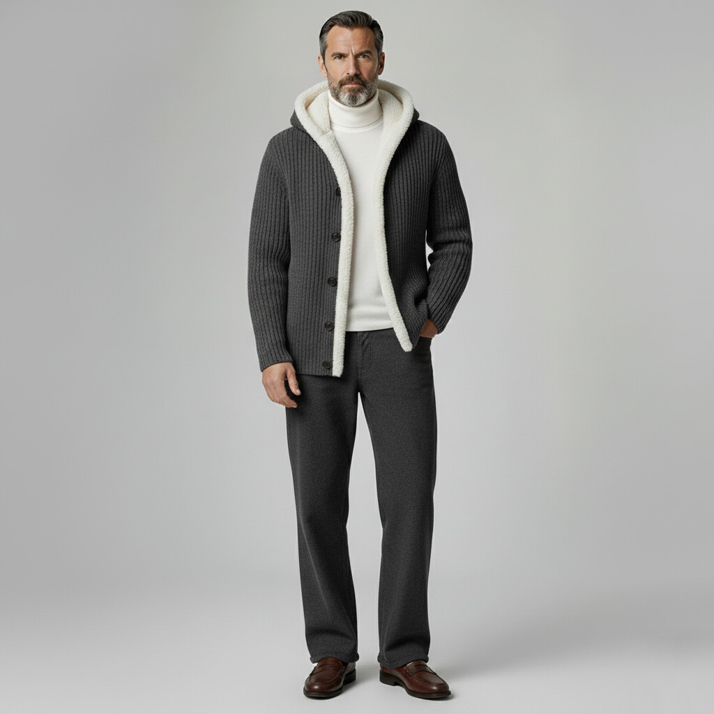 Men's Casual Grey Hooded Single Breasted Long Sleeve Fleece-Lined Sweater Cardigan