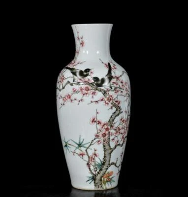 38CM Qianlong Signed Pair Old Chinese Famille Rose Vase W/bird N3117