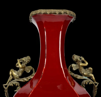 60CM Qianlong Signed Old Chinese Red Glaze Vase w/angle N4023