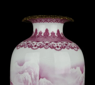 45CM Qianlong Signed Old Chinese Carmine Glaze Vase W/landscape N4009