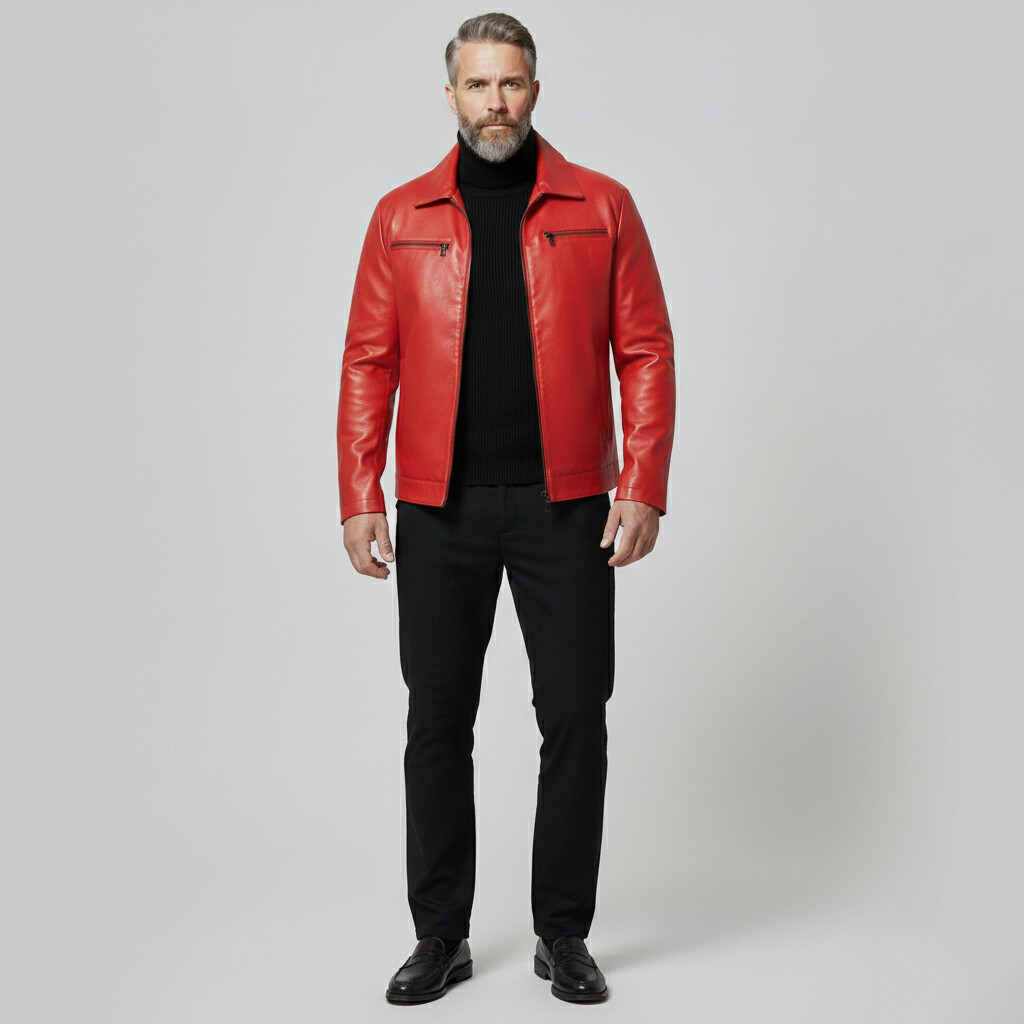 Men's Fashion PU Leather Red Shirt Collar Chest Pocket Zip Up Long Sleeve Jackets
