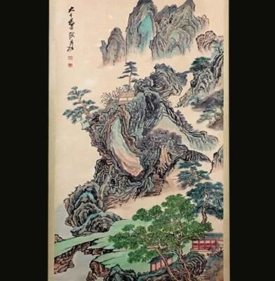Description - Chinese hand painted scroll, decorated with figure, And the master