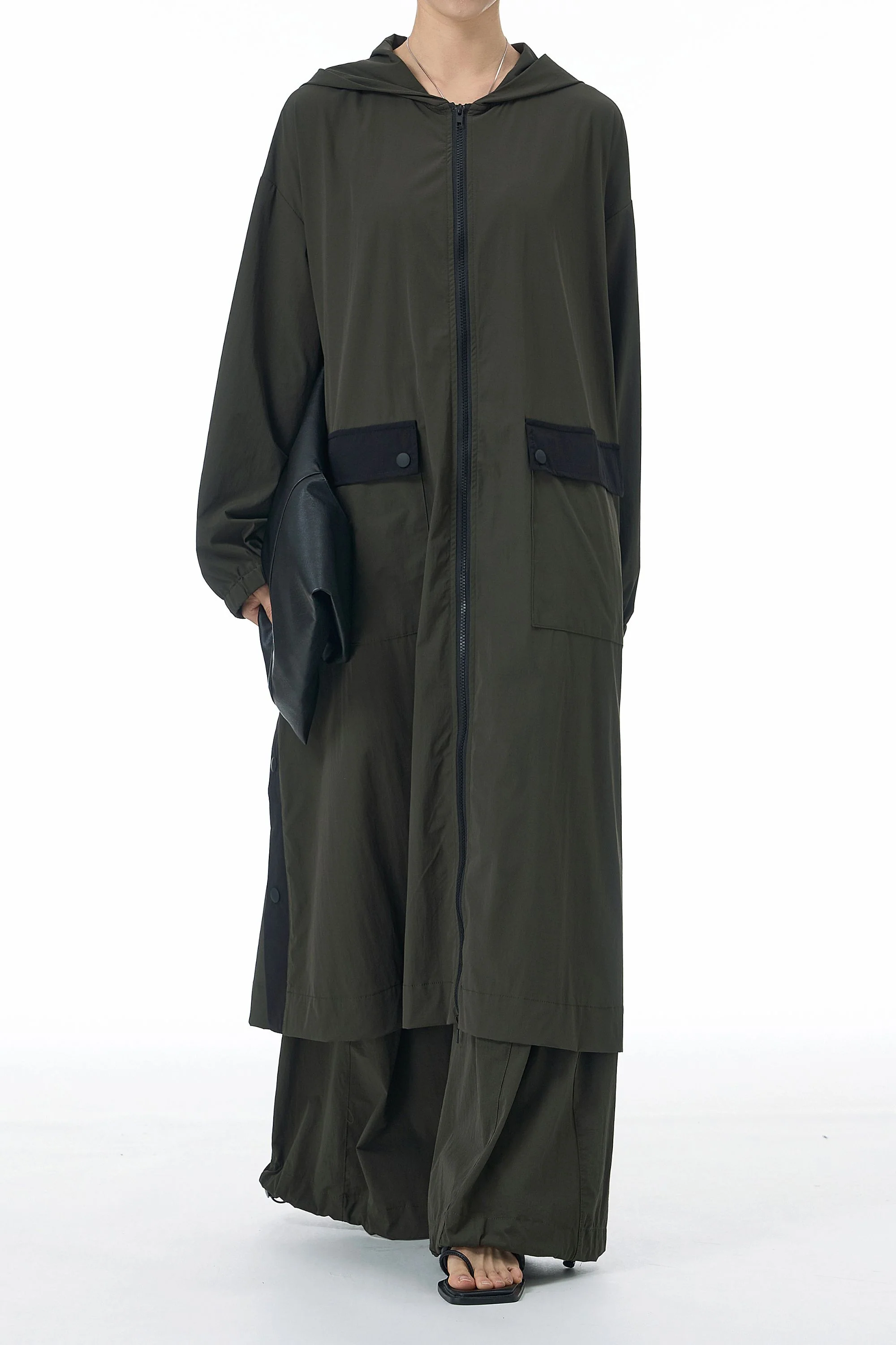 SnapHood Green Zippered Trench Coat