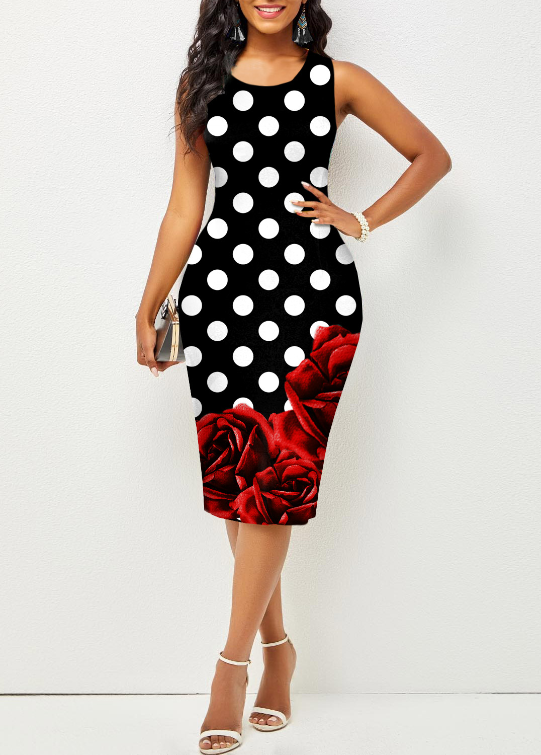 Contrast Printed Sleeveless Round Neck Bodycon Dress