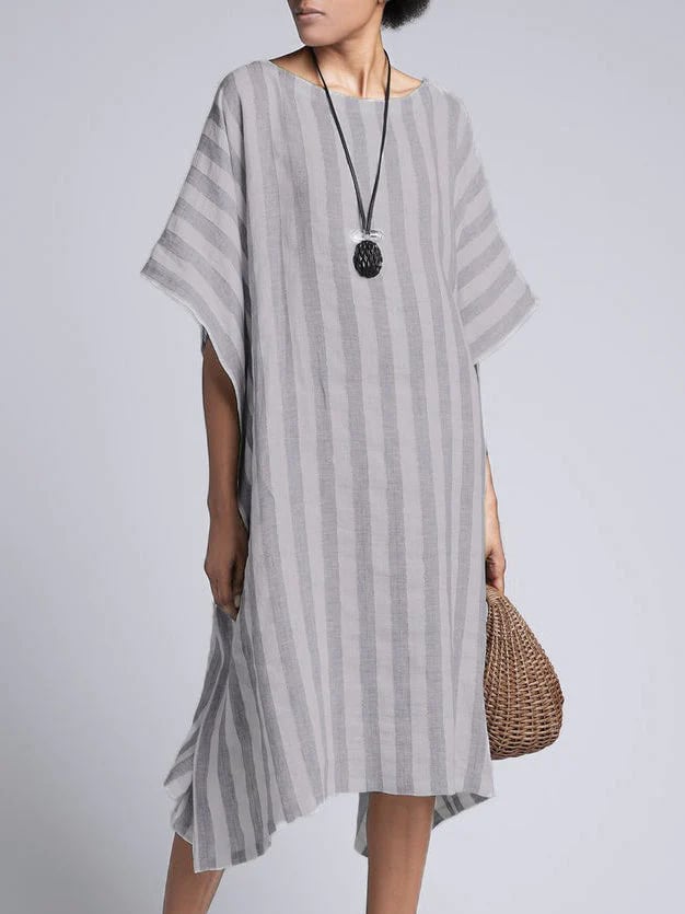 Cropped Sleeves Round Neck Cotton And Linen Comfort Dress