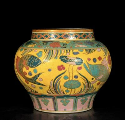 29CM Old Chinese Wucai Pot Jar W/fish N3479