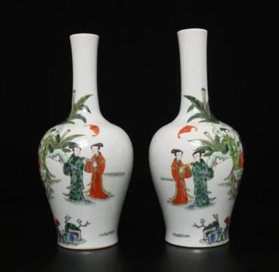 Pair Kangxi Signed Antique Chinese Famille Rose Vase W/lady