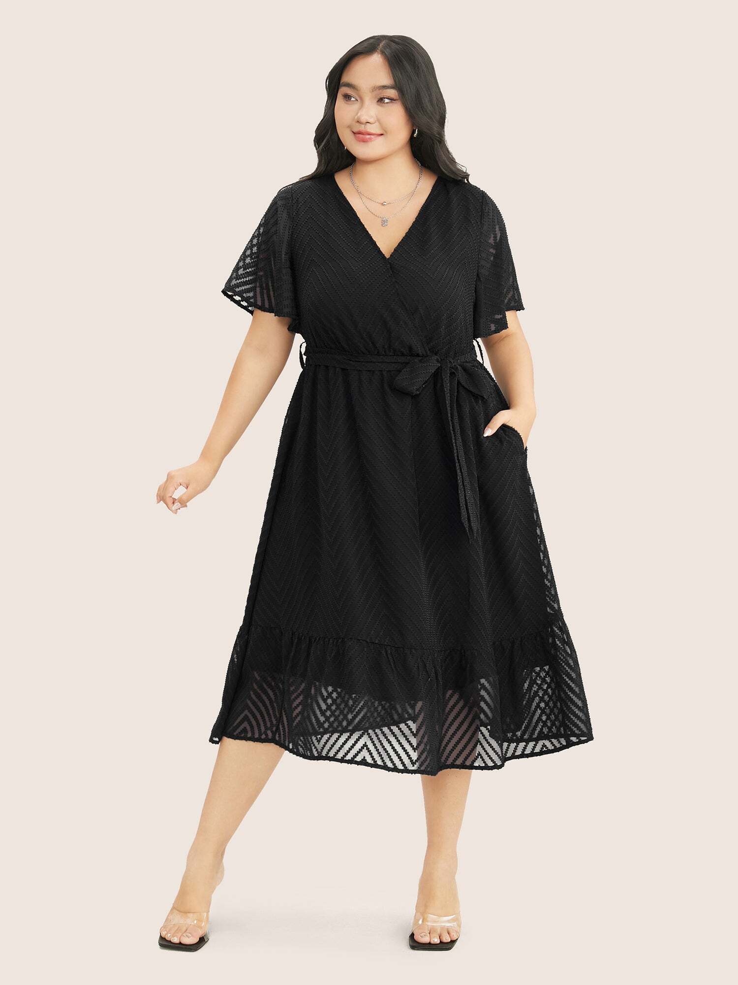 Plain Geometric Pocket Mesh Ruffle Sleeve Belted Wrap Dress
