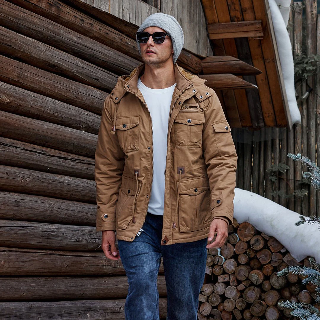 Men's Winter Cotton Fleece Lined Coats Warm Cargo Jackets with Hooded