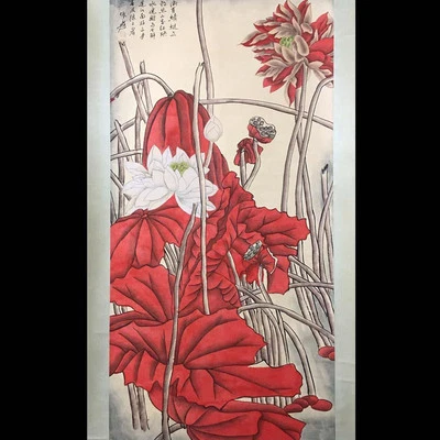 Zhang Daqian Signed Chinese Hand Painted Calligraphy Scroll w/louts N4077