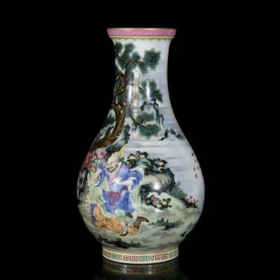 42CM Qianlong Signed Old Chinese Colour Enamel Vase W/figure N3093