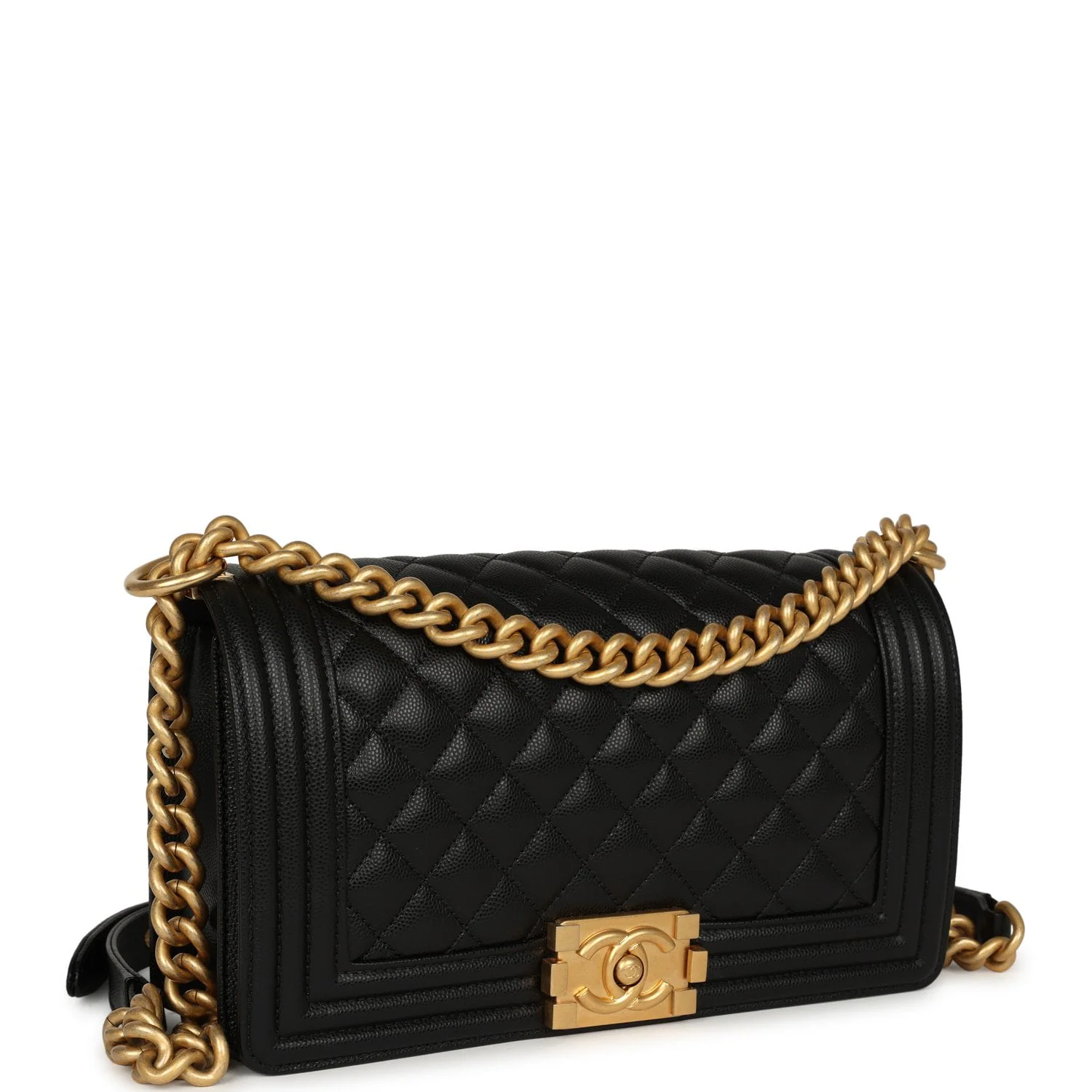 CHANEL Medium Boy Bag Black Caviar Antique Gold Hardware