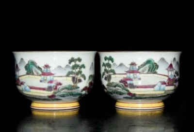 Pair Qianlong Signed Old Chinese Famille Rose Cup W/landscape N3064