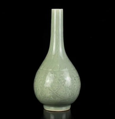 25CM Qianlong Signed Old Chinese Longquan Kiln Porcelain Vase w/flower Q355