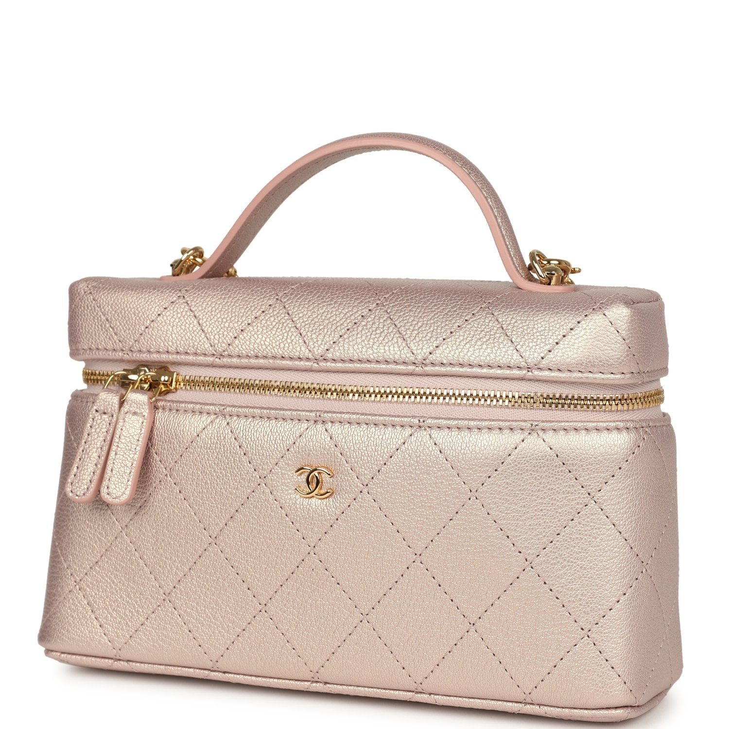 Chanel Top Handle Long Vanity Case with Chain Pink Iridescent Grained Goatskin Gold Hardware