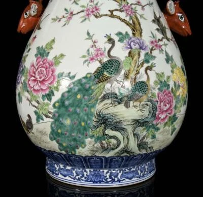 43CM Qianlong Signed Old Chinese Colour Enamel Zun Vase W/peacock N3431