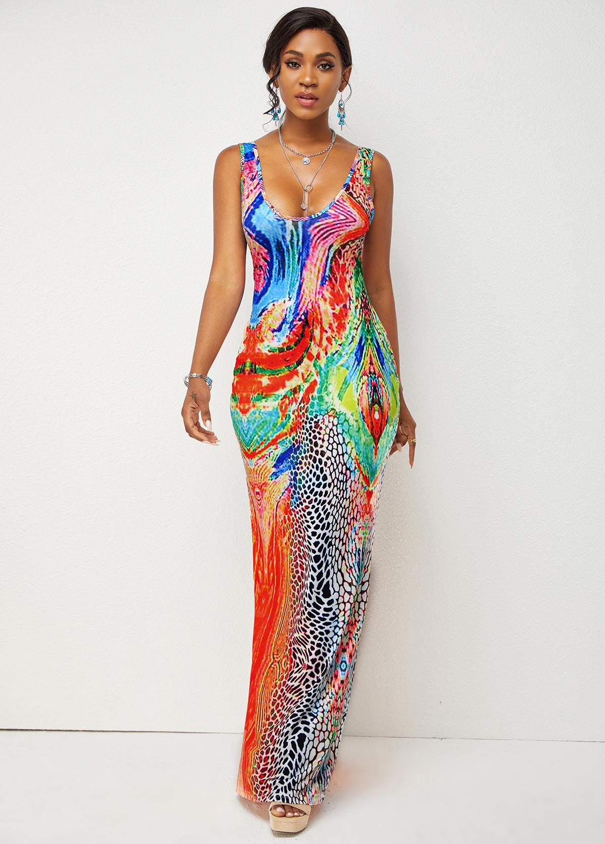 High Waist Wide Strap Printed Dress