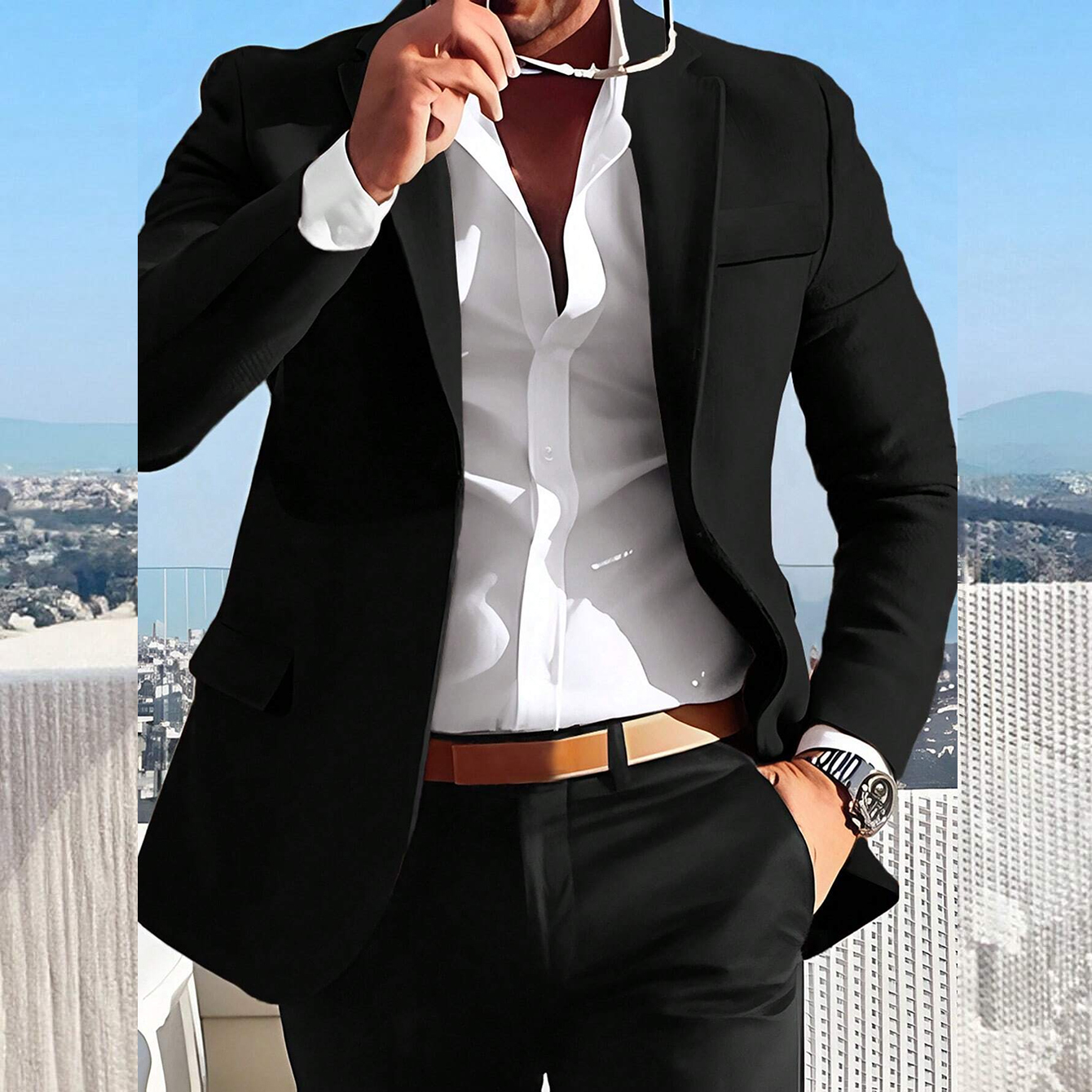 Men's Plain One Button Flap Pocket Notch Lapel Blazer