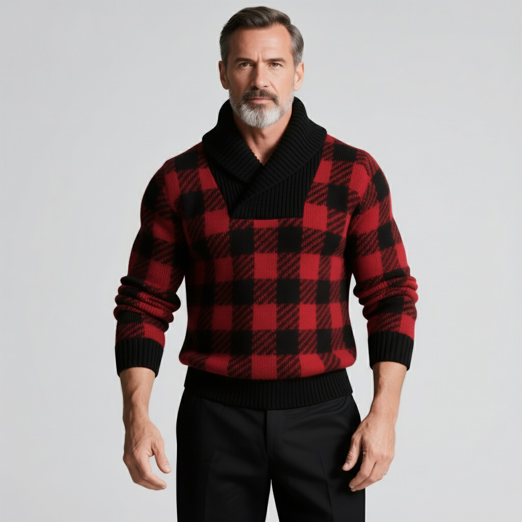 Men's Red Plaid Print Shawl Collar Long Sleeve Knit Sweater