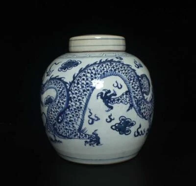 24CM Old Chinese Blue and White Lid Pot W/dragon