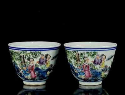 Tongzhi Signed Pair Old Chinese Famille Rose Cup W/figure N1295