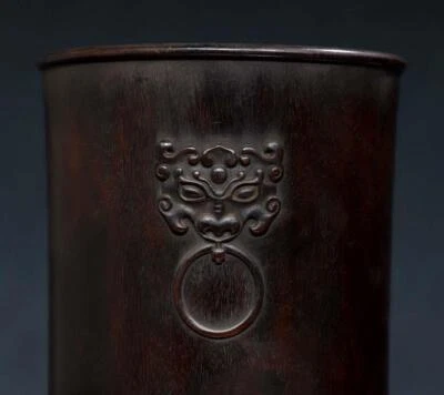 Old Chinese Wood Brush Pot With Lion N2895