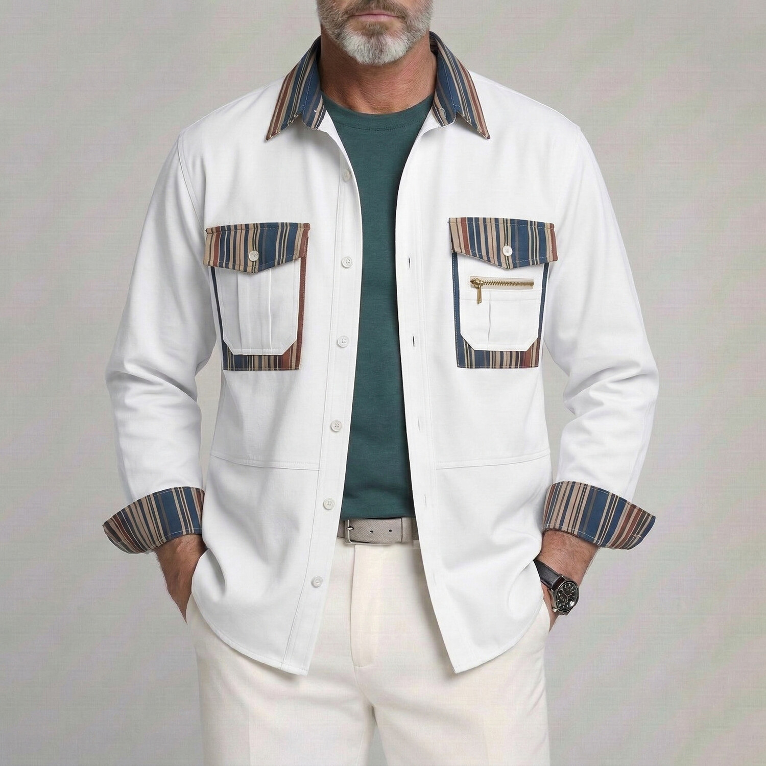 Men's Casual Contrast Striped Single Breasted Long Sleeve Shirt