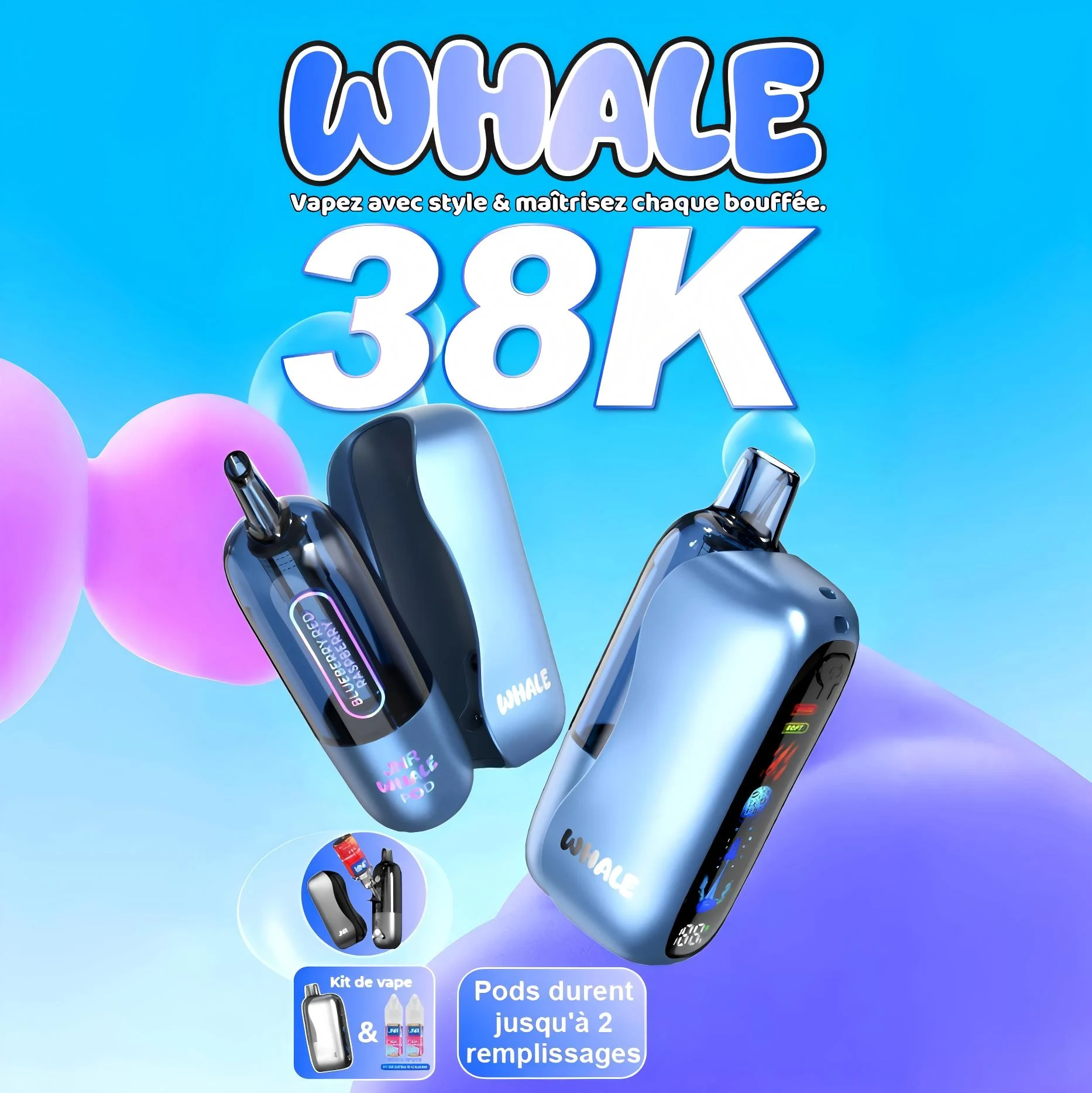 JNR Whale 38K Puffs - Kit Pod Pré-rempli et Rechargeable - JNR VIP