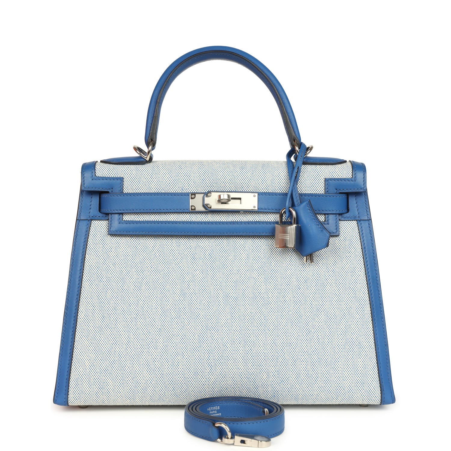 HERMÈS Kelly Sellier 28 Bleu France Swift And Ecru-Bleu Bill Toile H Canvas Palladium Hardware