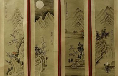 Four Qi Baishi Signed Chinese Hand Painted Calligraphy Scroll w/landscape N1932