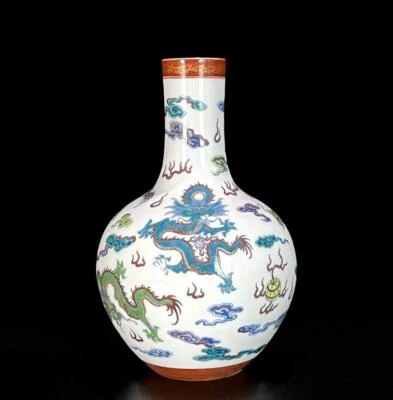 Pair Yongzheng Signed Old Chinese Doucai Vase W/ dragon N488