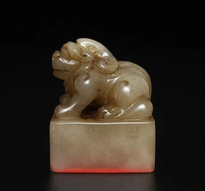 Signed Old Chinese Shoushan Stone Seal Stamp Statue w/kylin 95g