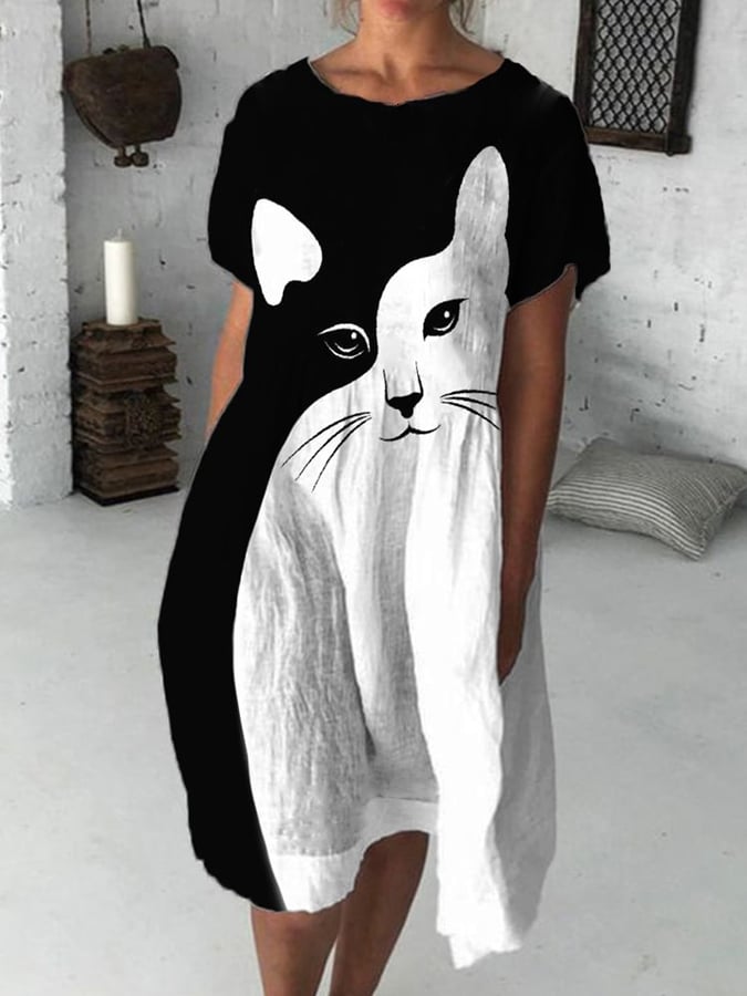 Women's Black and White Cat Print Cotton Linen Dress