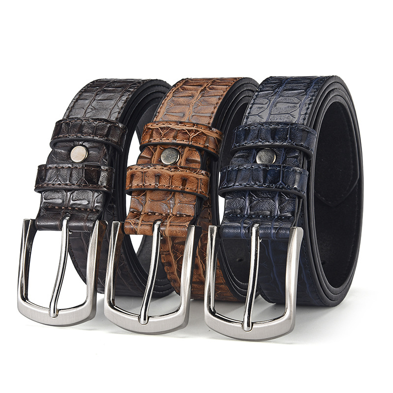 Men's Fashion Brown PU Leather Crocodile Embossed Silver Buckle Belt