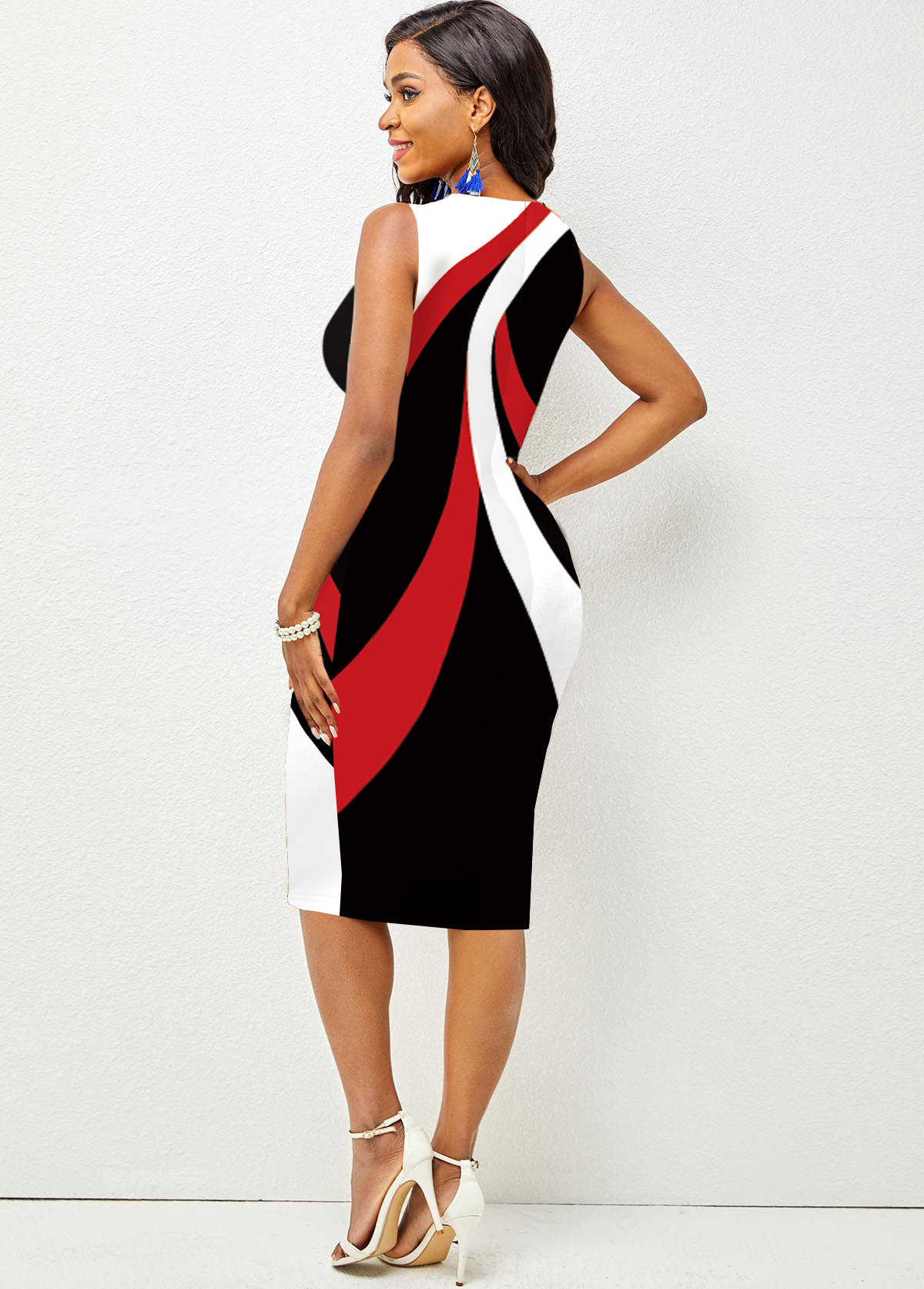 Contrast Printed Sleeveless Round Neck Bodycon Dress